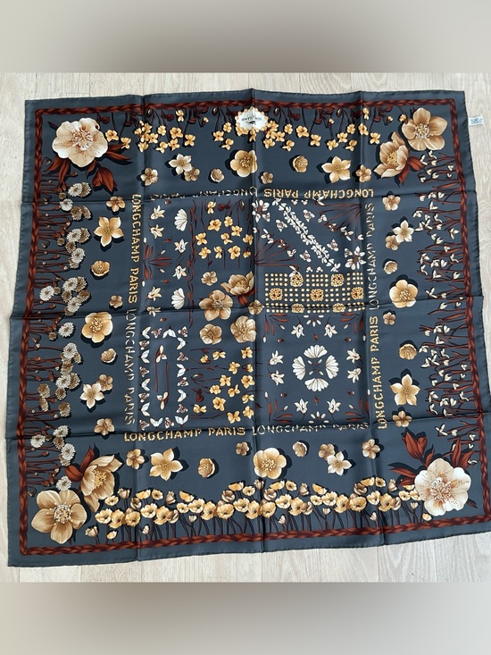 Longchamp Accessories - Longchamp Gray scarf with yellow floral and brown braid details